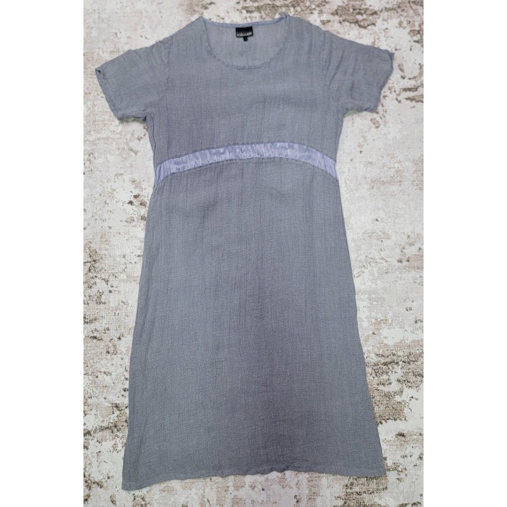 VTG Blue Gray Linen Blend Shift Dress L Cottagecore Minimalist Woven Natural